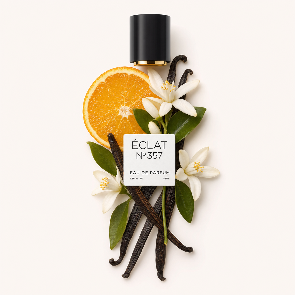 Ein Arrangement aus Orangenscheiben, weißen Blüten, glänzenden grünen Blättern und Vanilleschoten, gekrönt von einer schwarzen Kappe mit ÉCLAT-Etikett.