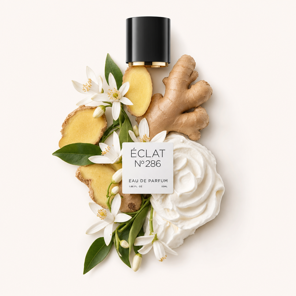 Ein Arrangement aus weißen Jasminblüten, Ingwerscheiben und Cremewirbel um eine schwarze Kappe mit Etikett für ÉCLAT Sweet Jasmine Cream.