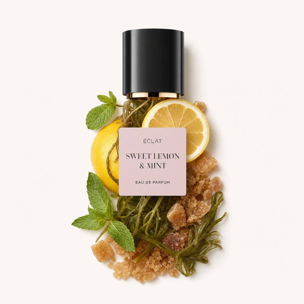 Ein Arrangement aus Zitronenscheiben, Minzblättern und Zuckerkristallen umgibt die schwarze Verschlusskappe von ÉCLAT Sweet Lemon & Mint mit Etikett.