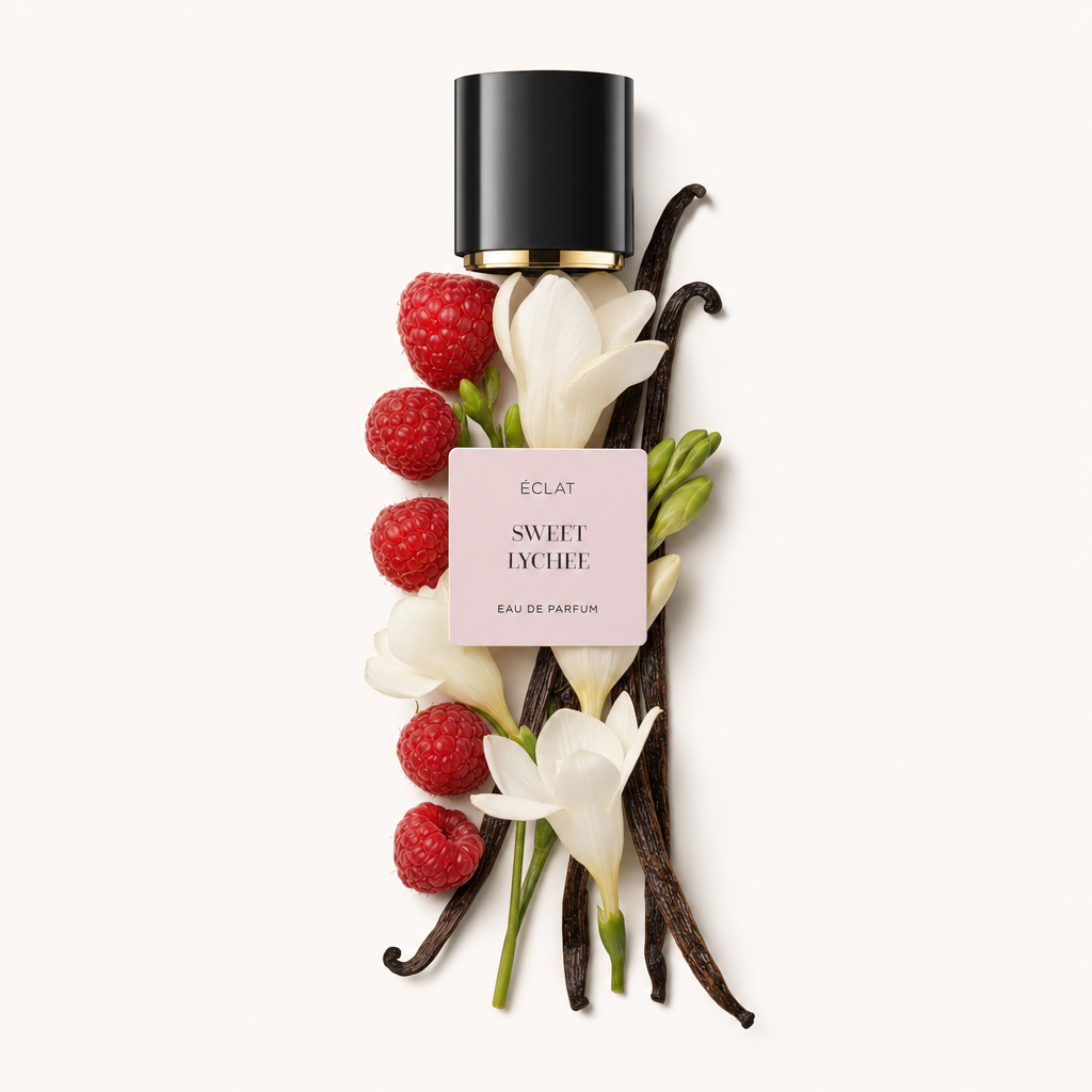 Ein Arrangement aus Himbeeren, weißen Blüten und Vanilleschoten um die originale schwarze Verschlusskappe mit Etikett von ÉCLAT Sweet Lychee.