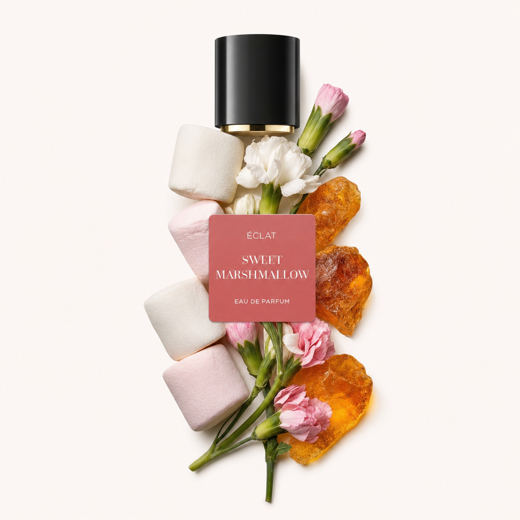 Ein elegantes Arrangement aus Marshmallows, weißen und rosa Blüten sowie orangefarbenen Zuckerkristallen umgibt eine schwarze Kappe mit ÉCLAT Sweet Marshmallow Etikett.