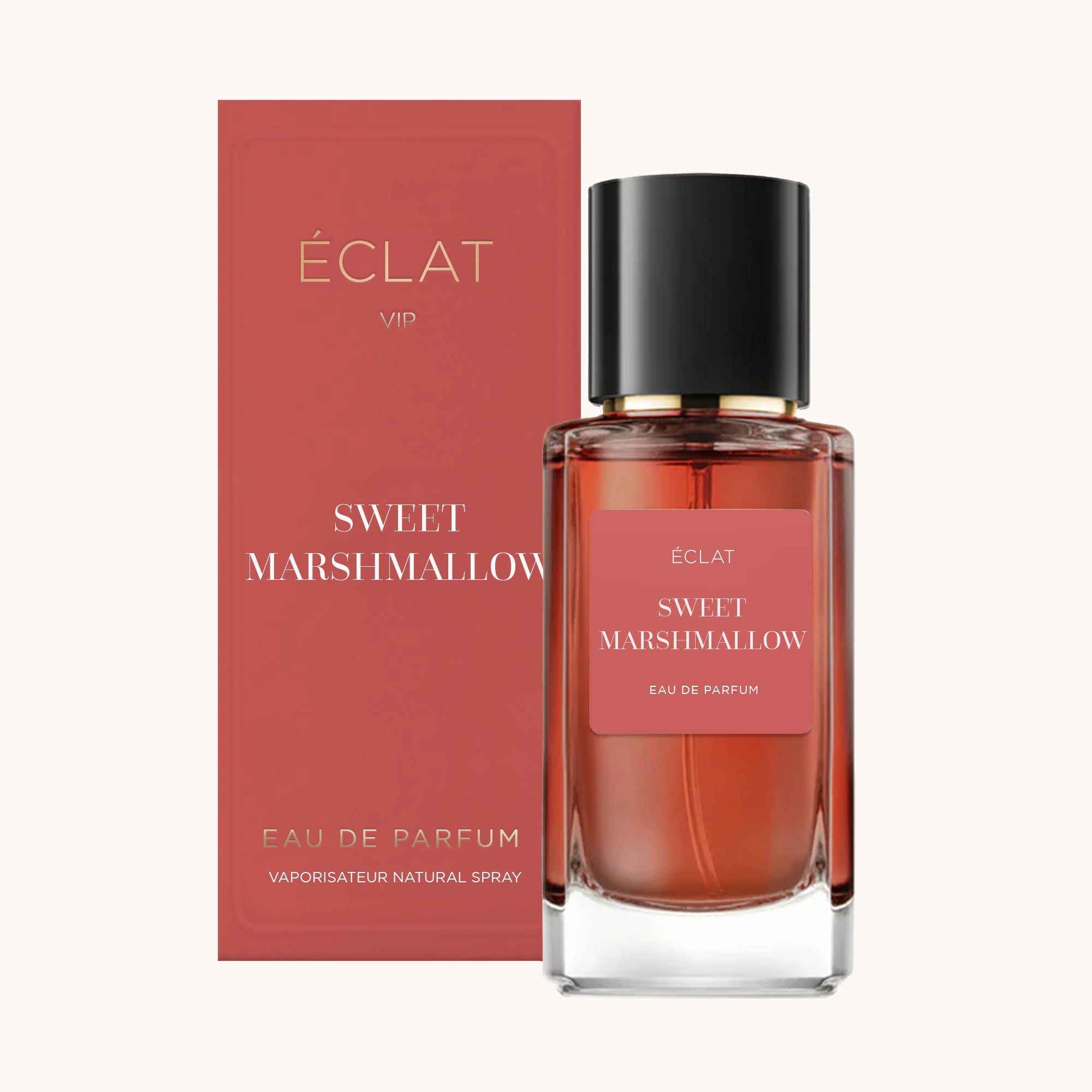 ÉCLAT Sweet Marshmallow Parfümflakon aus transparentem Glas mit schwarzer Kappe, neben passender rosa Box.