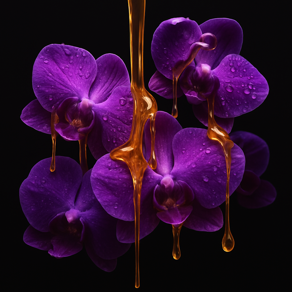 Leuchtend violette Orchideen mit goldenen Flüssigkeitstropfen, die über ihre Blütenblätter fließen.