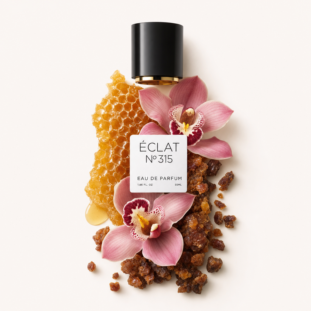 Ein zartes Arrangement aus rosa Orchideen, Honigwaben und Amberharz umgibt eine schwarze Kappe mit goldener Verzierung, beschriftet ÉCLAT VIP Sweet Orchid.