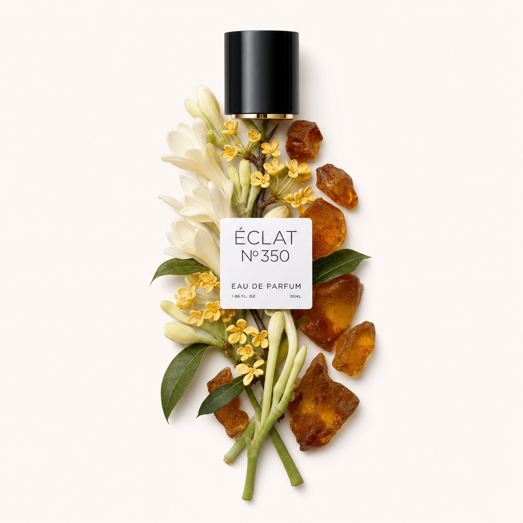 Ein Arrangement aus Osmanthus-Blüten, Tuberose und Bernsteinsteinen, mit schwarzer Kappe und Etikett von ÉCLAT oben.