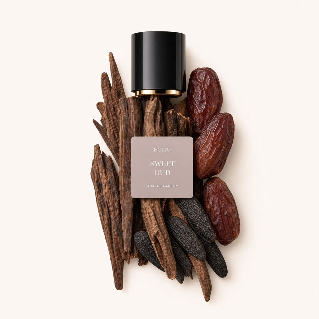 Ein Arrangement aus Adlerholz, getrockneten Datteln und Tonkabohnen umgibt die ÉCLAT Sweet Oud Kappe mit Etikett.