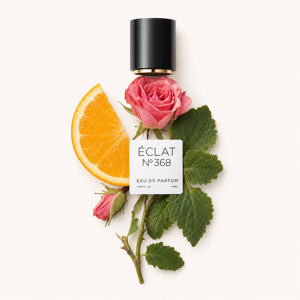 Ein Arrangement aus einer Orangenscheibe, rosa Rosen und grünen Blättern unter einer schwarzen Kappe mit Etikett, das ÉCLAT Sweet Patchouli trägt.