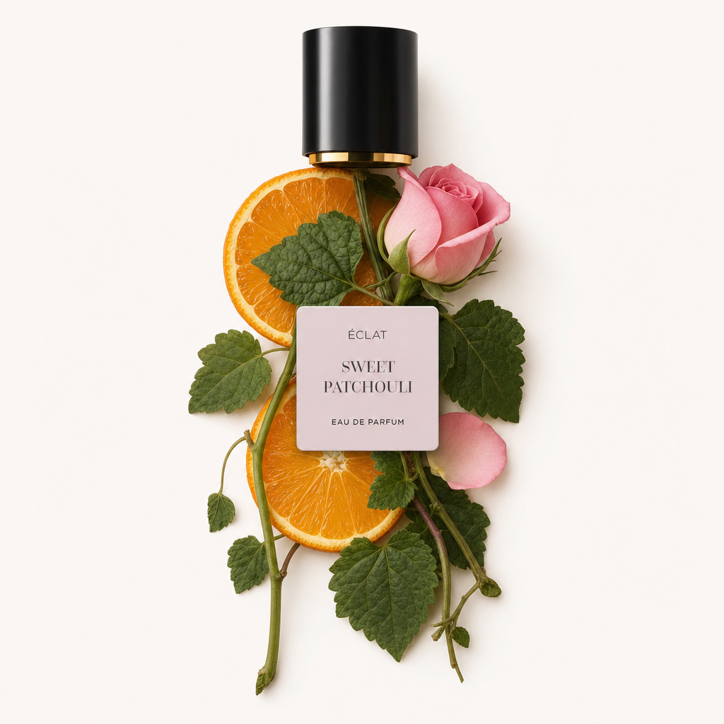Ein Arrangement aus Orangenscheiben, rosa Rose und Patchouliblättern umgibt eine schwarze Kappe mit goldener Zierleiste, beschriftet mit ÉCLAT Sweet Patchouli.