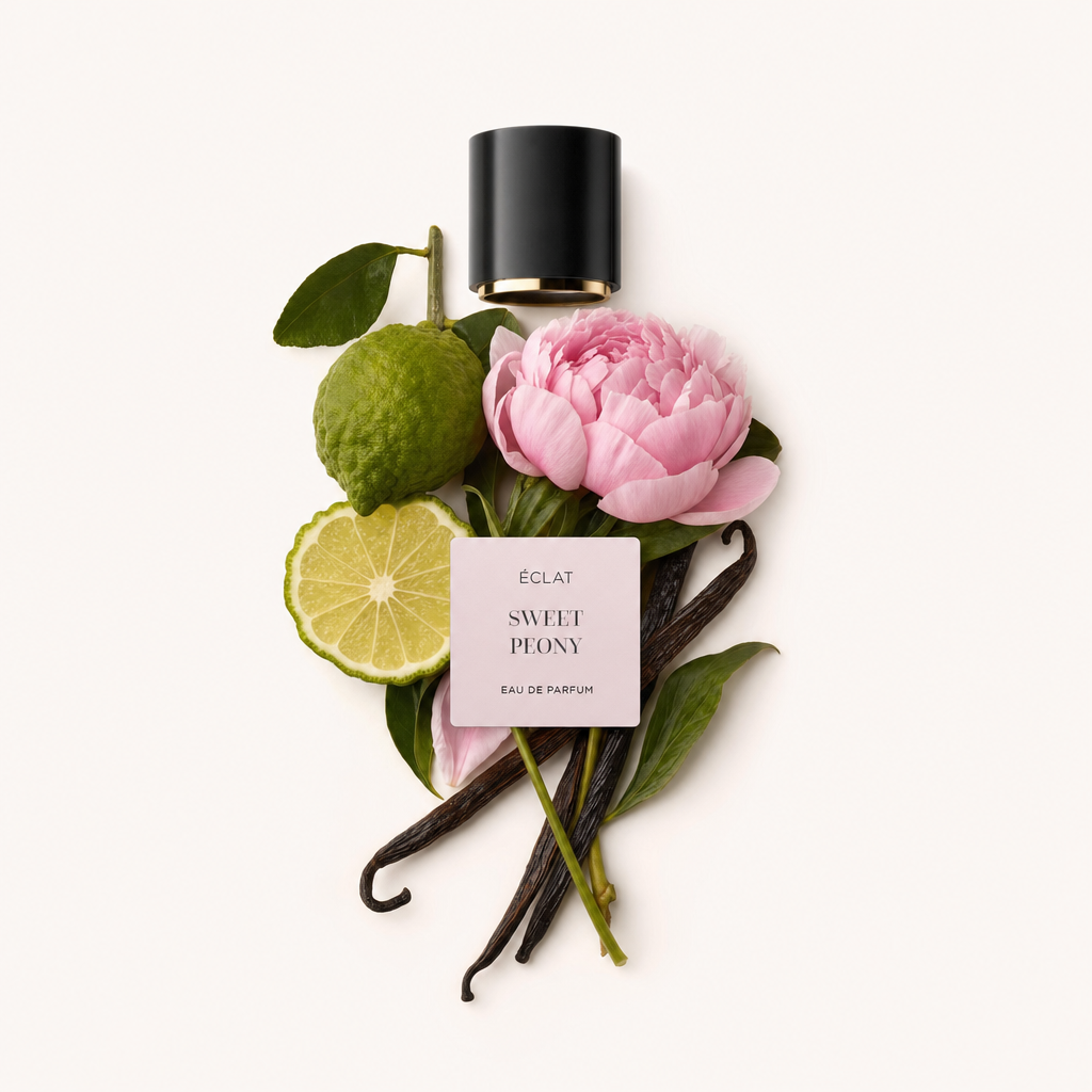 Ein Arrangement aus frischer Bergamotte, zarter rosa Pfingstrose und aromatischen Vanilleschoten, neben einer schwarzen Kappe mit ÉCLAT Sweet Peony Etikett.