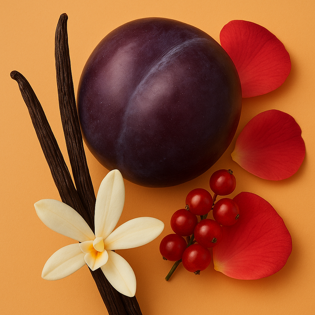 Ein üppiges Arrangement aus einer Pflaume, Vanilleschoten, roten Johannisbeeren, Rosenblättern und einer weißen Blume auf warmem Hintergrund.