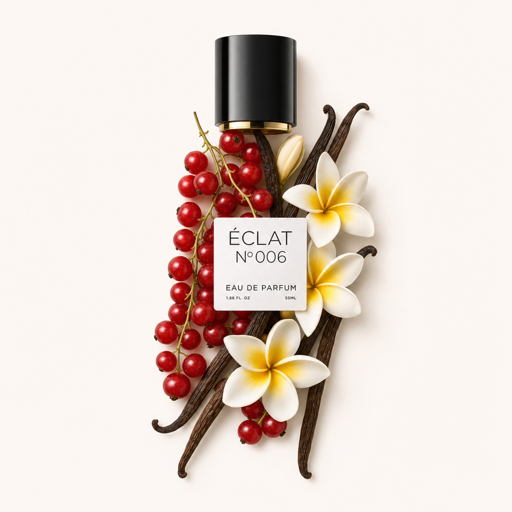 Ein Arrangement aus roten Johannisbeeren und Vanilleschoten mit weißen Blüten, gekrönt von einer schwarzen Kappe mit ÉCLAT Sweet Red Currant Etikett.