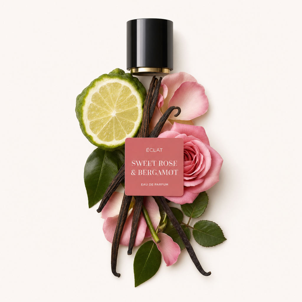 Ein Arrangement aus Bergamottescheibe, rosa Rosenblütenblättern und Vanilleschoten umgibt eine schwarze Kappe mit ÉCLAT Sweet Rose & Bergamot Etikett.