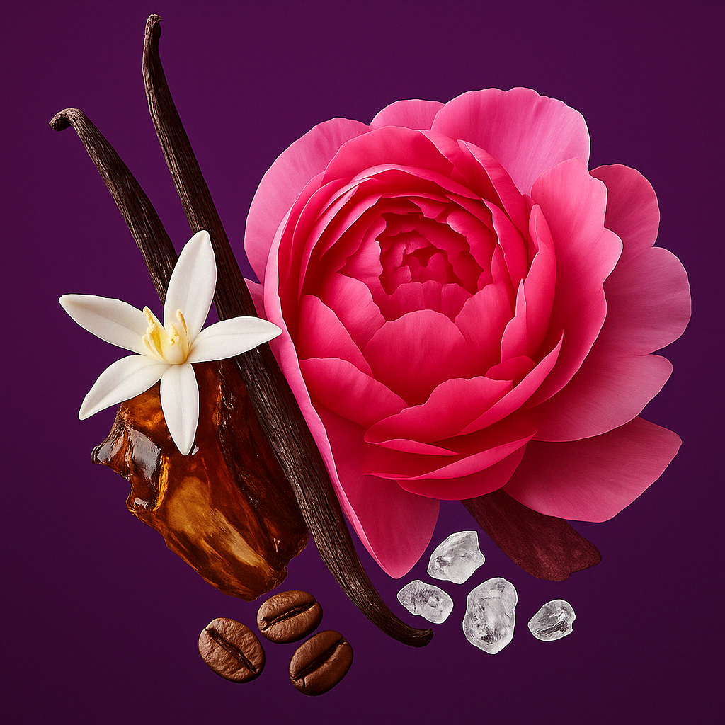 Eine Komposition aus einer rosa Rose, Vanilleschoten, einer weißen Blume, Kaffeebohnen, Bernsteinharz und Zuckerkristallen auf einem tiefvioletten Hintergrund, die ÉCLAT Sweet Rose & Coffee darstellt.