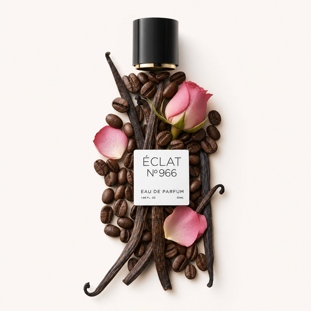 Ein Arrangement aus rosafarbenen Rosenblüten, Kaffeebohnen und Vanilleschoten umgibt eine schwarze Kappe mit Etikett von ÉCLAT Sweet Rose & Coffee.