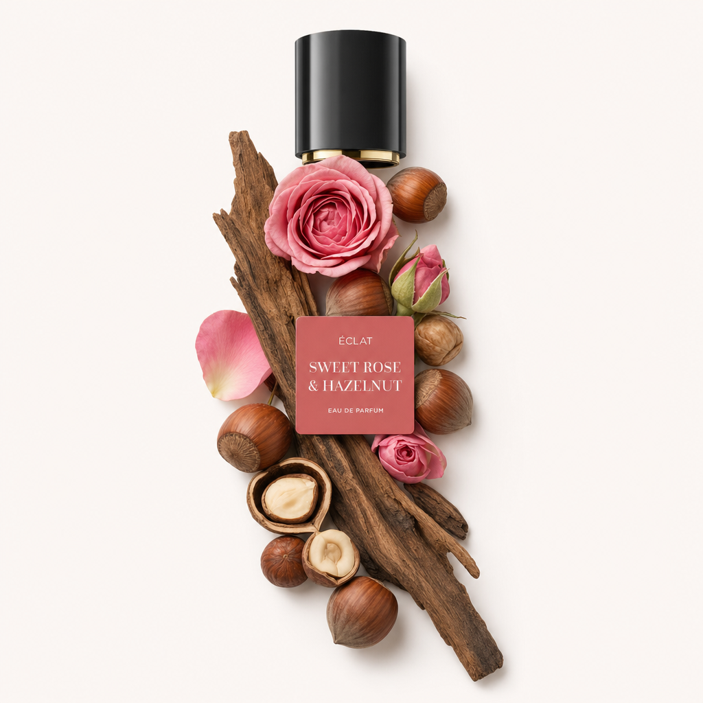 Ein Arrangement aus Rosen, Haselnüssen und Rinde mit einer schwarzen ÉCLAT Sweet Rose & Hazelnut Kappe oben.