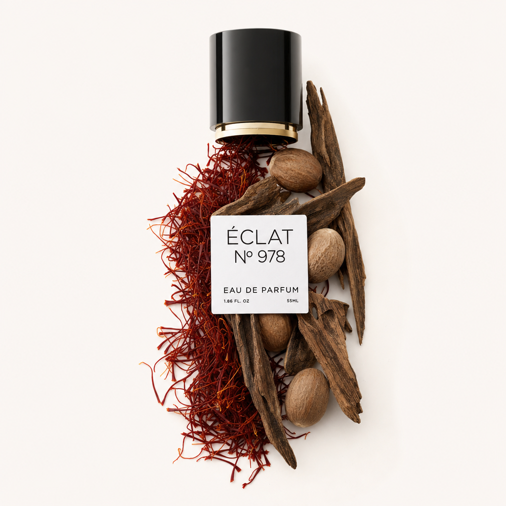 Ein Arrangement aus lebhaftem Safran, erdigem Oudholz und ganzen Muskatnüssen umgibt eine schwarze Kappe mit goldenem Akzent und Etikett für ÉCLAT Sweet Saffron & Oud.