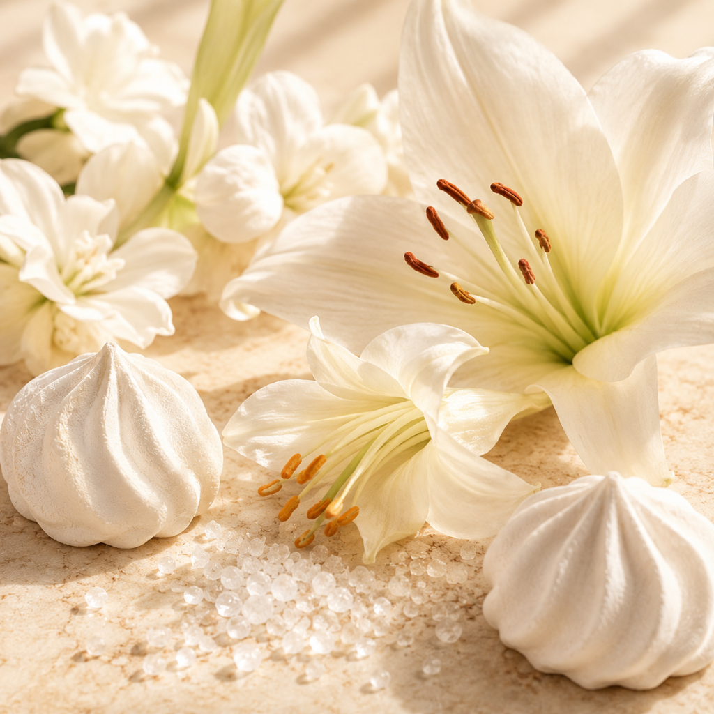 Weiße Lilien, Meersalzkristalle und Baiserkekse elegant arrangiert, repräsentieren ÉCLAT Sweet-Salty Blossoms.