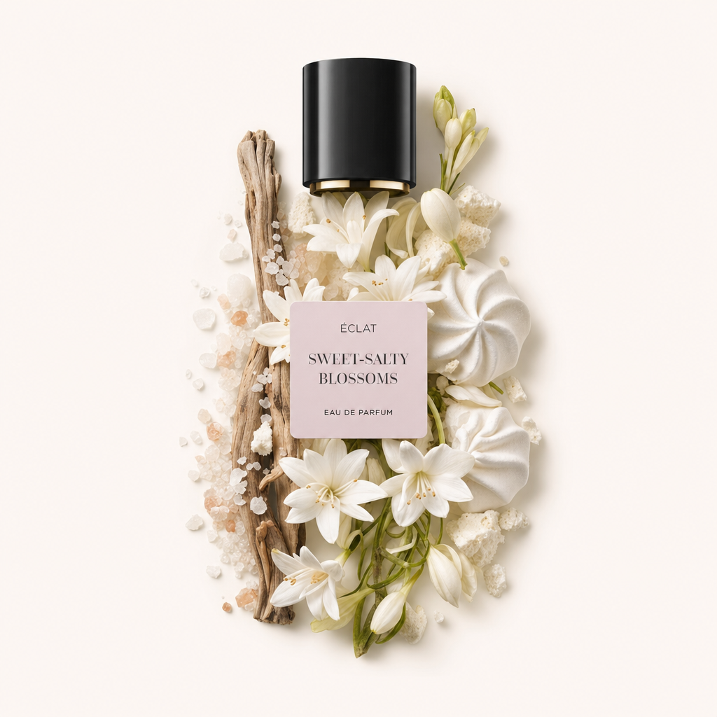 Ein Arrangement aus weißen Blüten, Baisers, Salzkristallen und Treibholz umgibt eine schwarze Kappe von ÉCLAT Sweet-Salty Blossoms mit einem Etikett.