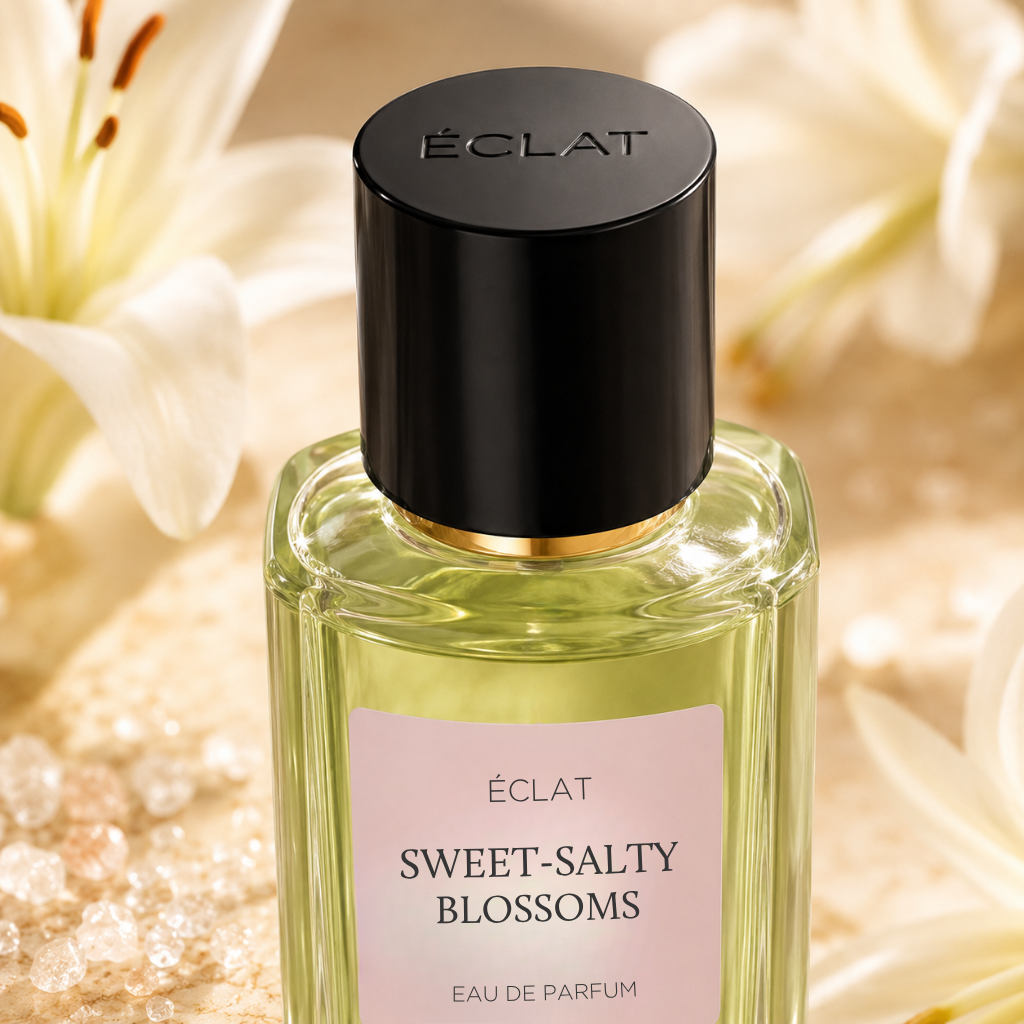 Facettierter Glasflakon von ÉCLAT Sweet-Salty Blossoms mit schwarzer Kappe, umgeben von Blumen.