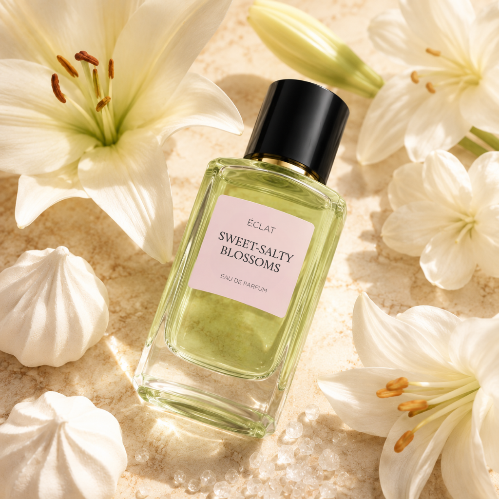 Ein facettierter Glasflakon des ÉCLAT Sweet-Salty Blossoms Parfums mit schwarzer Kappe, umgeben von weißen Lilien und Baisers.
