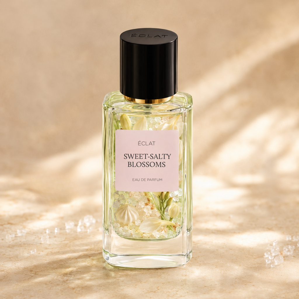 ÉCLAT Sweet-Salty Blossoms in einem facettierten Glasflakon mit schwarzer Kappe, umgeben von zarten weißen Blütenelementen.