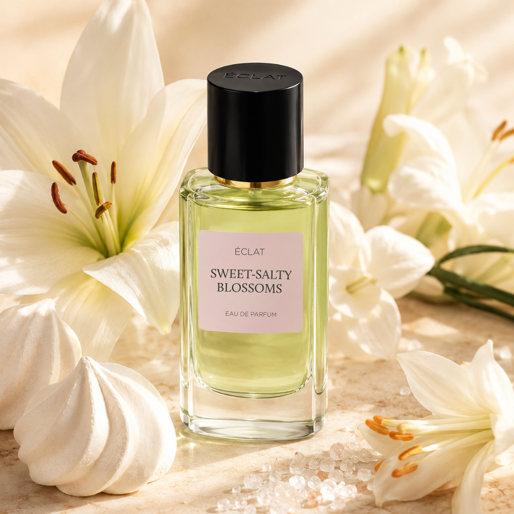 ÉCLAT Sweet-Salty Blossoms Parfumflakon mit grünlicher Flüssigkeit und schwarzem Verschluss, umgeben von weißen Lilien und Baisers.