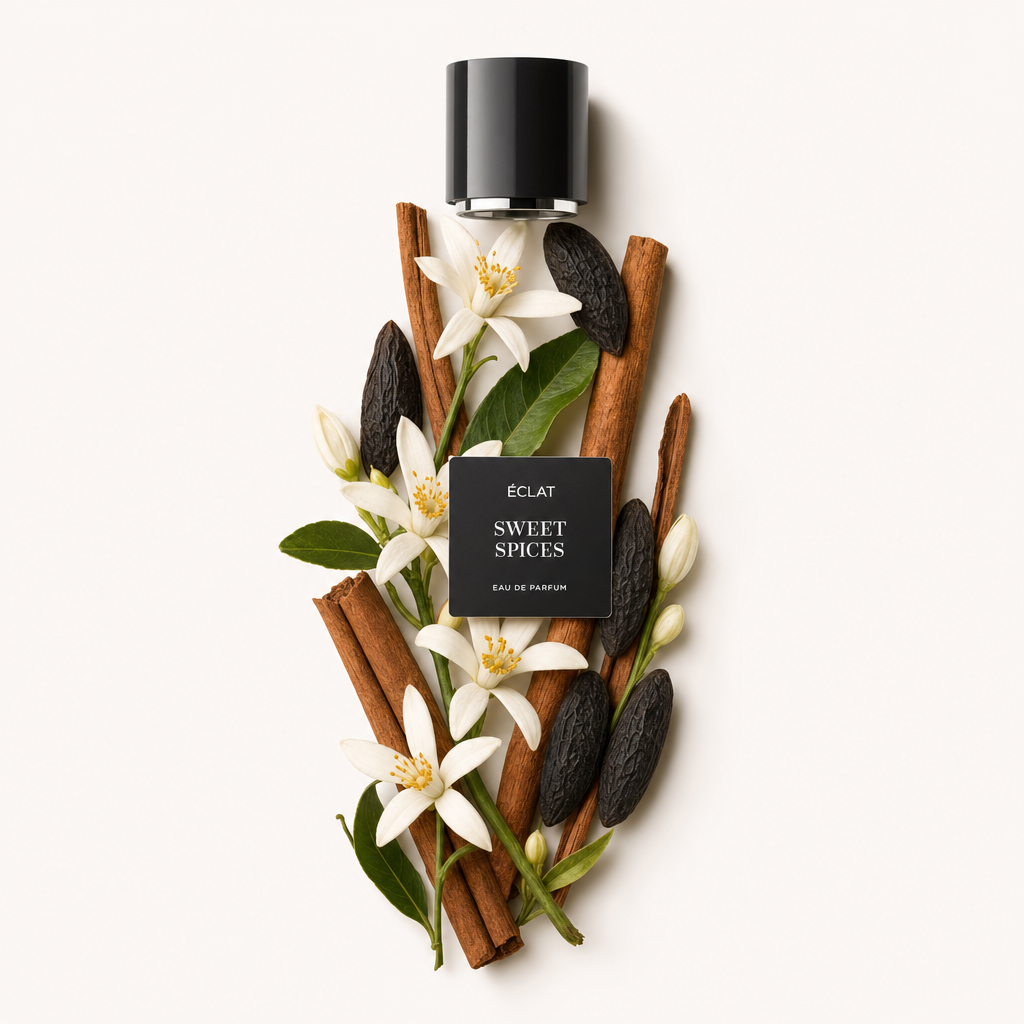 Ein Arrangement aus weißen Blüten, Zimtstangen und dunklen Tonkabohnen umgibt die schwarze Verschlusskappe mit ÉCLAT Sweet Spices Etikett.
