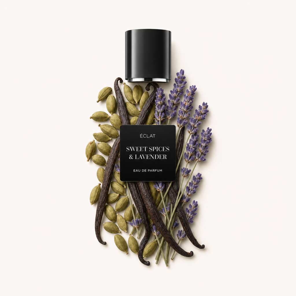 Ein Arrangement aus Kardamomkapseln, Vanilleschoten und Lavendelzweigen umgibt eine schwarze Kappe mit dem Etikett ÉCLAT Sweet Spices & Lavender.