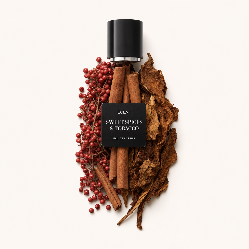Ein Arrangement aus Zimtstangen, roten Pfefferkörnern und getrockneten Tabakblättern mit einer schwarzen Kappe mit dem Etikett ÉCLAT Sweet Spices & Tobacco.