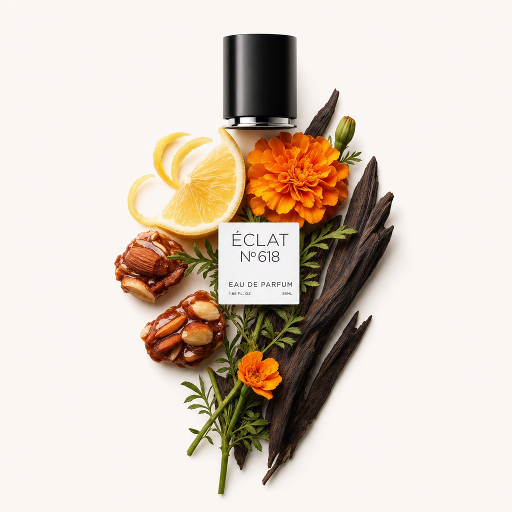 Ein Arrangement süßer und würziger Zutaten zeigt eine leuchtende Tagetes, Zitronenscheiben, Vanilleschoten und Mandeln um die ÉCLAT Sweet Spicy Tagetes Kappe mit Etikett.