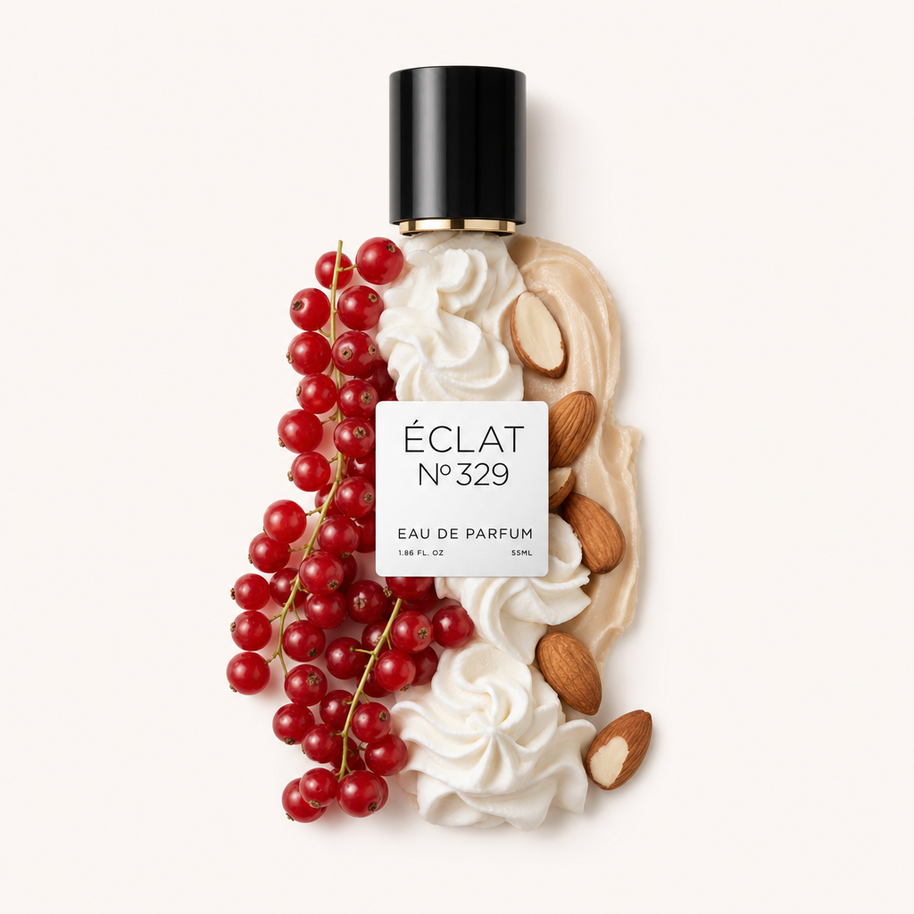 Ein kunstvolles Arrangement aus cremigen Wirbeln, Mandeln und leuchtend roten Johannisbeeren, umgeben von einer schwarzen Kappe mit ÉCLAT Sweet Whipped Cream Etikett.