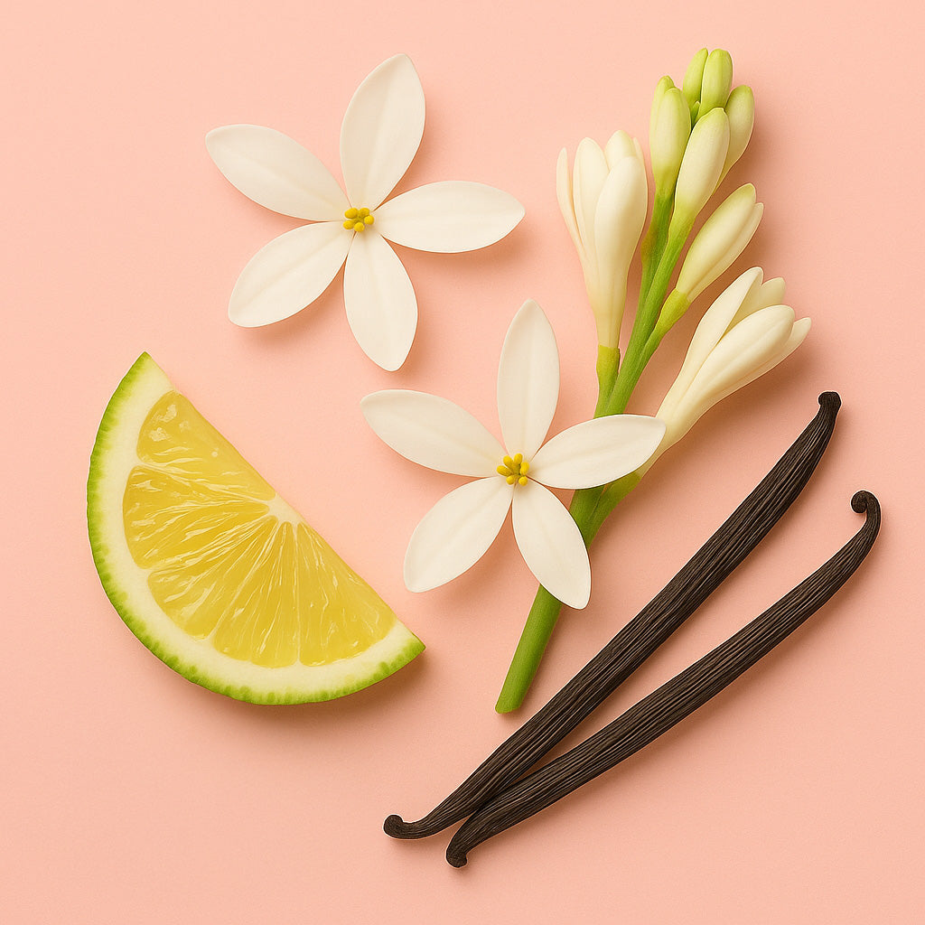 Eine Komposition aus weißen Blüten, einer Zitronenscheibe und Vanilleschoten auf rosa Hintergrund, die den Duft von ÉCLAT Sweet White Flowers einfängt.