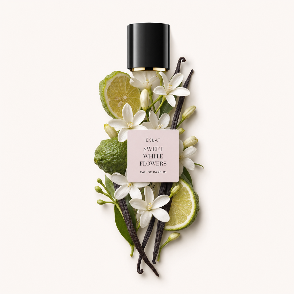 Ein Arrangement aus weißen Blumen, Limettenscheiben und Vanilleschoten umgibt eine schwarze Kappe mit ÉCLAT Sweet White Flowers Etikett.