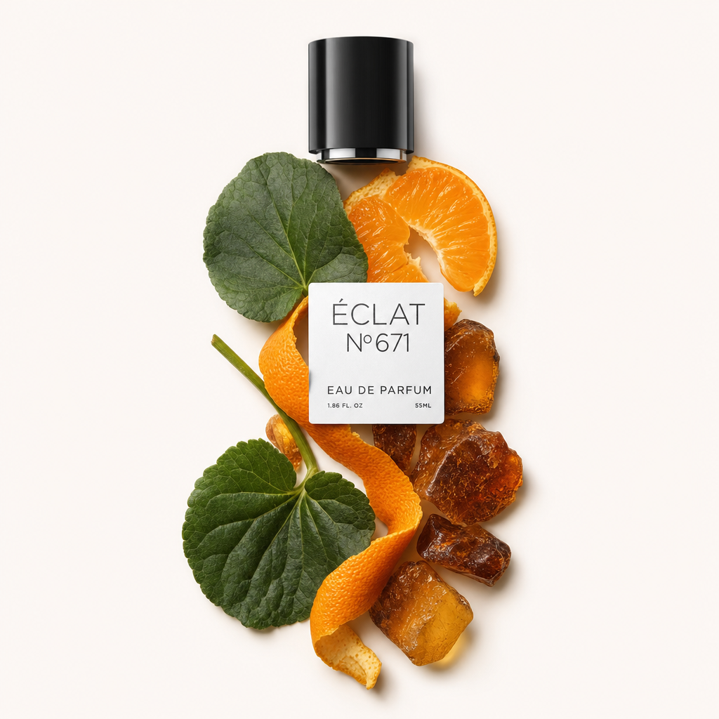 Ein Arrangement aus Mandarinenstücken und -schale, Geranienblättern und Bernsteinharz umgibt eine schwarze Verschlusskappe mit ÉCLAT Synthetic Tangerine Etikett.