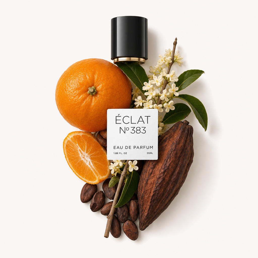 Ein Arrangement aus Mandarine, Kakaobohnen, weißen Blüten und grünen Blättern umgibt eine schwarze Verschlusskappe mit Etikett von ÉCLAT Tangerine & Cocoa.