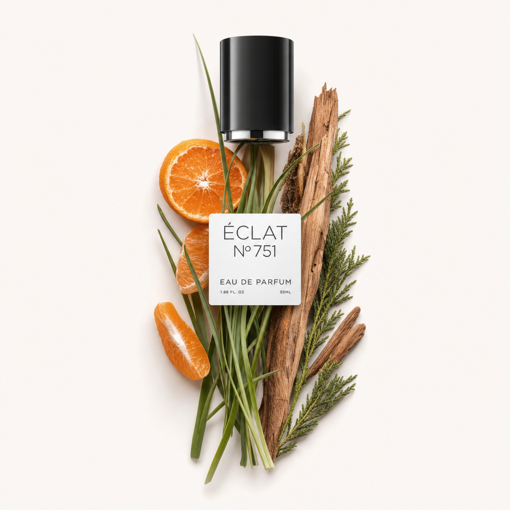 Ein raffiniertes Arrangement aus geschnittener Mandarine, Neptungras und Holznoten umgibt eine schwarze Kappe mit ÉCLAT-Etikett.