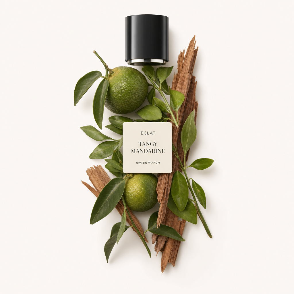 Ein Arrangement aus frischen grünen Mandarinen, lebhaften Blättern und Zimtstangen mit der originalen schwarzen Kappe und ÉCLAT Tangy Mandarin Etikett.