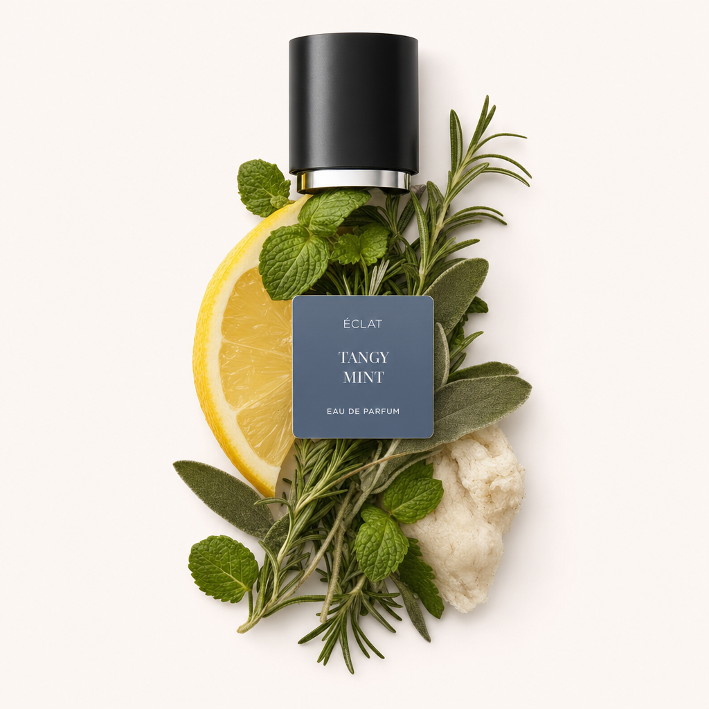 Ein Arrangement aus frischen Minzblättern, einer Zitronenhälfte, Rosmarinzweigen und Salbeiblättern mit einer schwarzen Kappe, auf der das ÉCLAT Tangy Mint Etikett prangt.