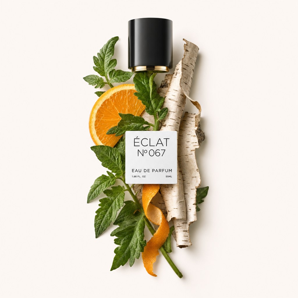 Ein raffiniertes Arrangement zeigt frische Tomatenblätter, eine leuchtende Orangenscheibe und geschwungene Birkenrinde, verziert mit der schwarzen Kappe von ÉCLAT samt Etikett.