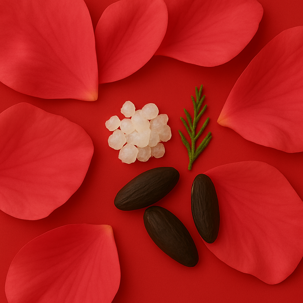 Verstreute Rosenblütenblätter, weiße Kristallsteine, Tonkabohnen und ein grüner Zweig auf rotem Hintergrund symbolisieren ÉCLAT Tonka Bean & Musk.
