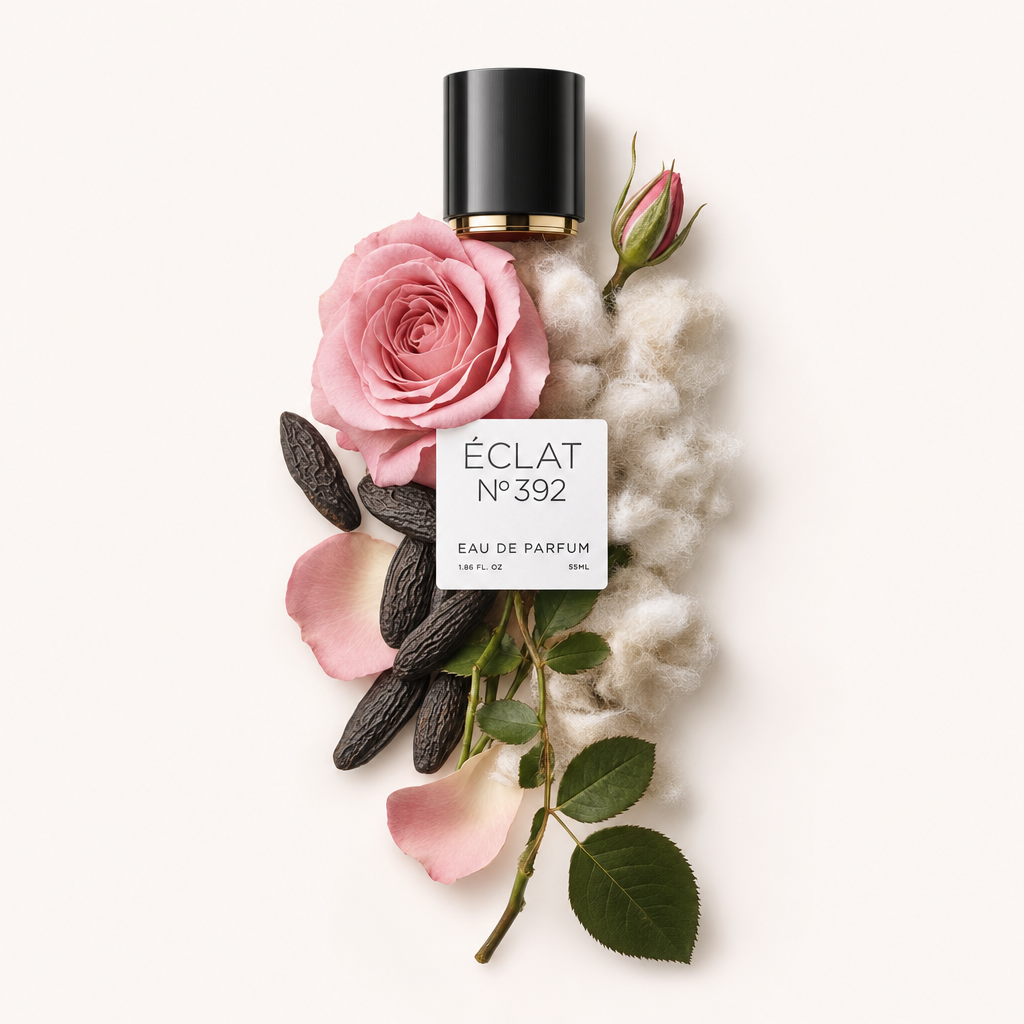 Ein sorgfältig arrangiertes Stillleben aus Tonkabohnen, einer rosa Rose, Baumwolle und Rosenblättern umgibt eine schwarze Kappe mit ÉCLAT-Label.