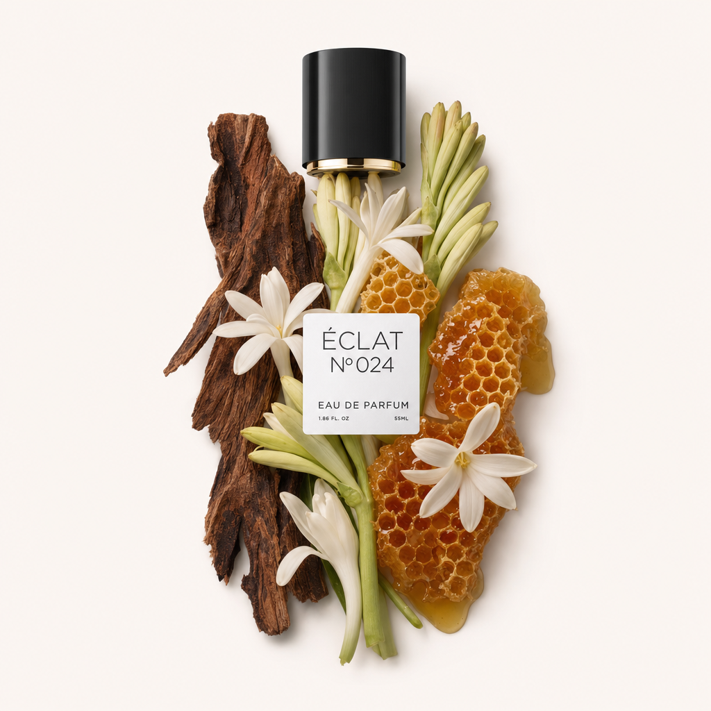 Ein Arrangement aus Tuberose-Blüten, Honigwaben und Holz mit einer schwarzen ÉCLAT-Kappe mit Etikett darüber.