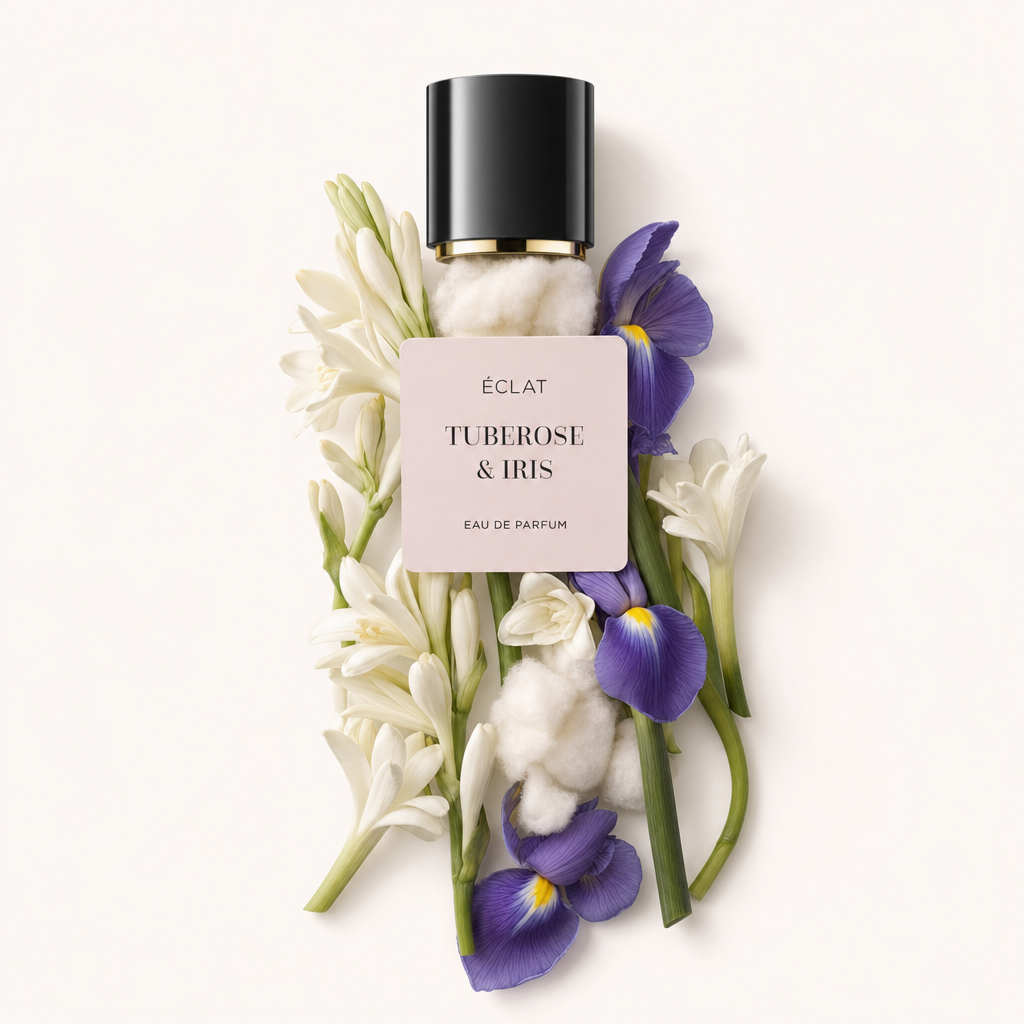 Arrangement aus Tuberose- und Irisblüten mit einer schwarzen Kappe mit dem Etikett ÉCLAT Tuberose & Iris.