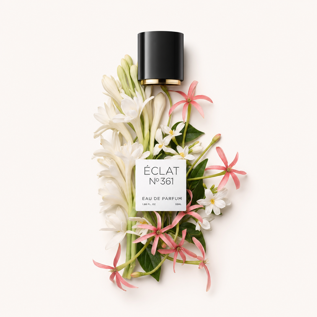 Ein Arrangement aus weißen Tuberosen und rosa Jasminblüten umrahmt eine schwarze Kappe mit dem ÉCLAT Tuberose & Jasmine Etikett.