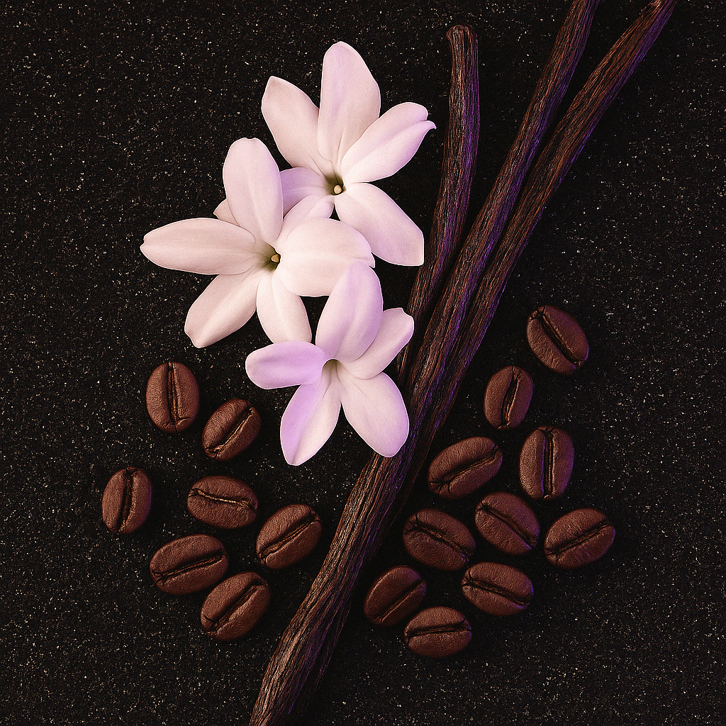 Weiße Blüten und Vanilleschoten, umgeben von Kaffeebohnen auf dunkler, strukturierter Oberfläche.