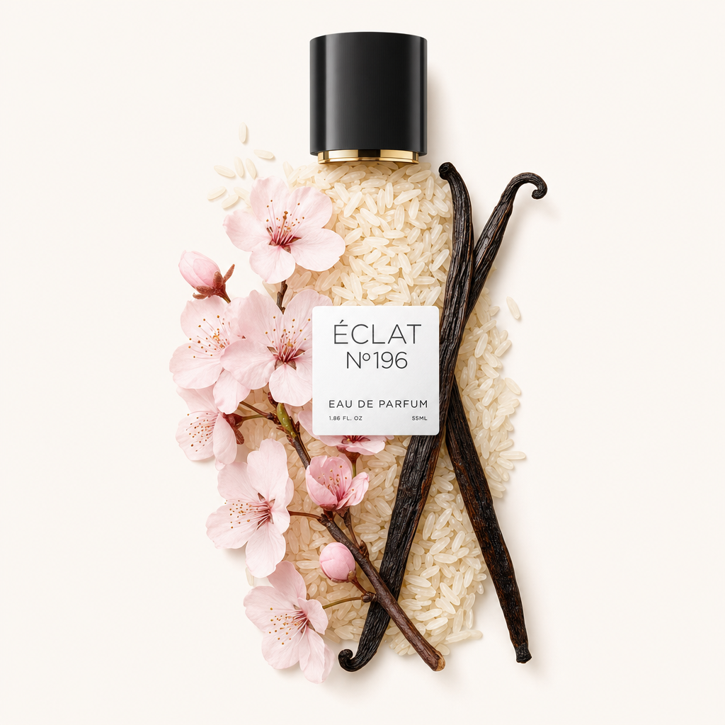 Ein Arrangement aus Vanilleschoten und Reiskörnern mit zarten rosa Blüten, um eine schwarze Kappe mit einem Etikett von ÉCLAT Vanilla & Rice.