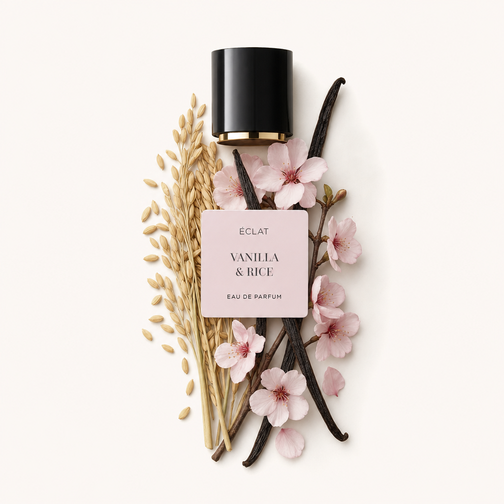 Kunstvoll arrangierte Reisgranen, Vanilleschoten und zarte rosa Blüten umrahmen eine schwarze Kappe mit dem ÉCLAT Vanilla & Rice Etikett.