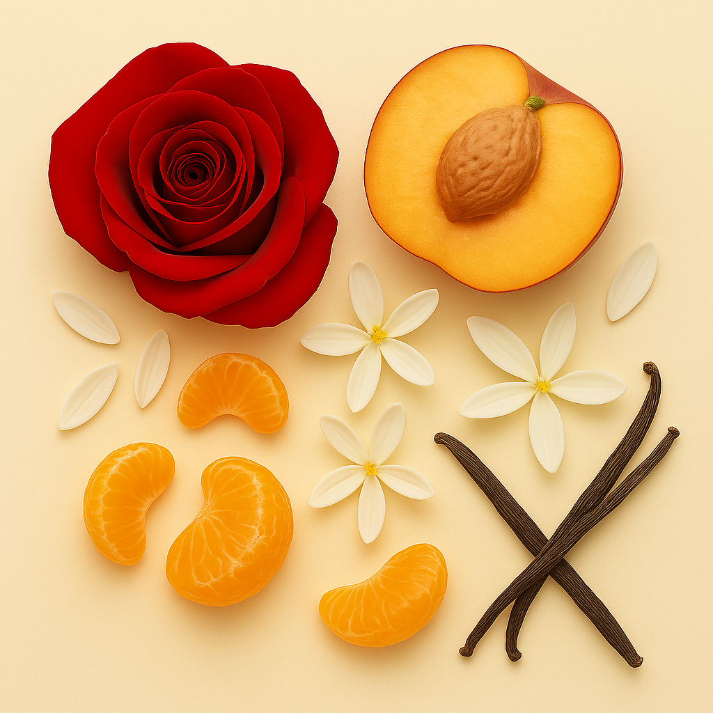 Eine Komposition aus roter Rose, Pfirsichhälfte mit Kern, Mandarinensegmenten, Vanilleschoten und weißen Blumen auf beigem Hintergrund, repräsentiert ÉCLAT Vanilla & Tangerine.