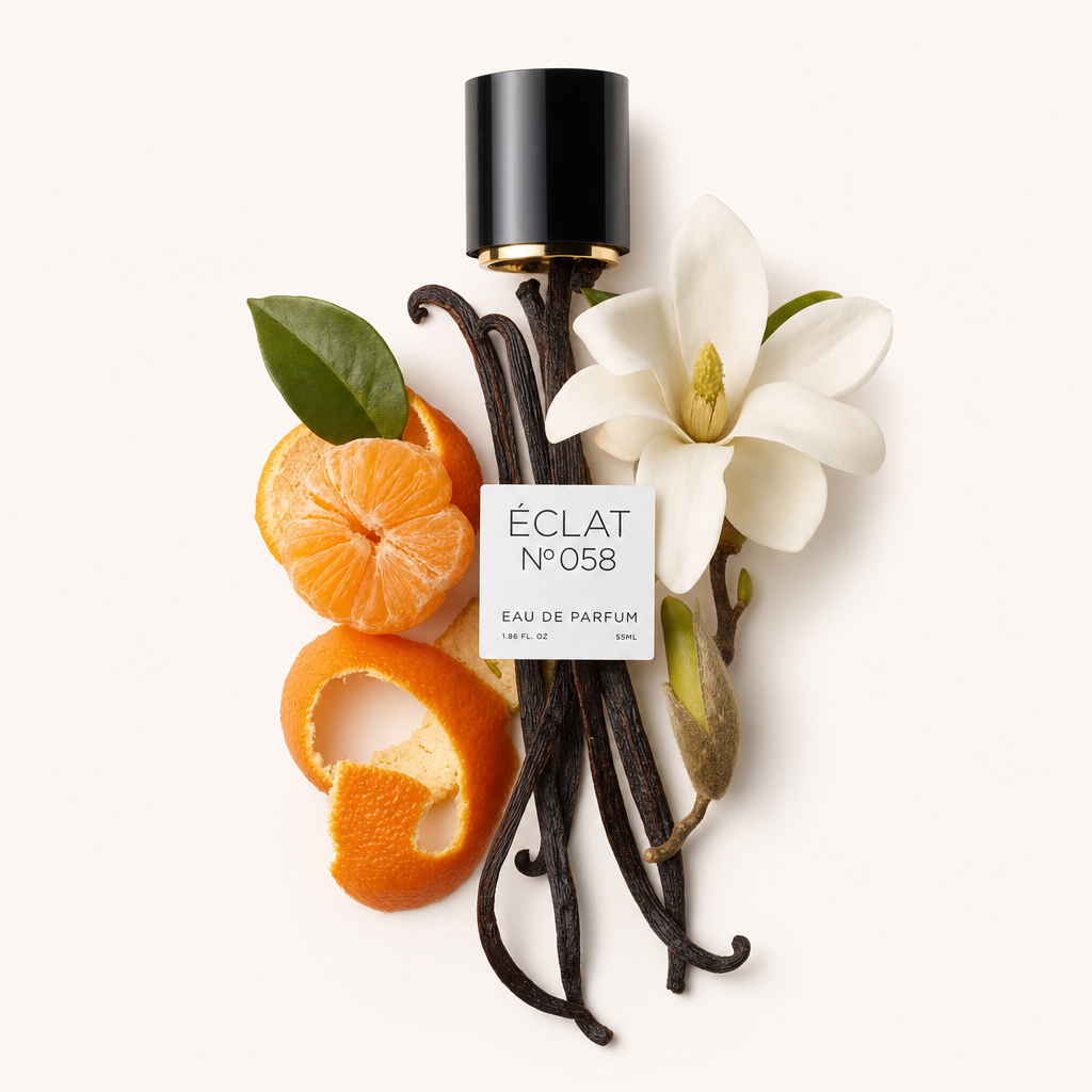 Ein Arrangement aus Vanilleschoten, einer geschälten Mandarine und einer Magnolienblüte mit einer schwarzen Kappe, die das ÉCLAT Vanilla & Tangerine Etikett trägt.
