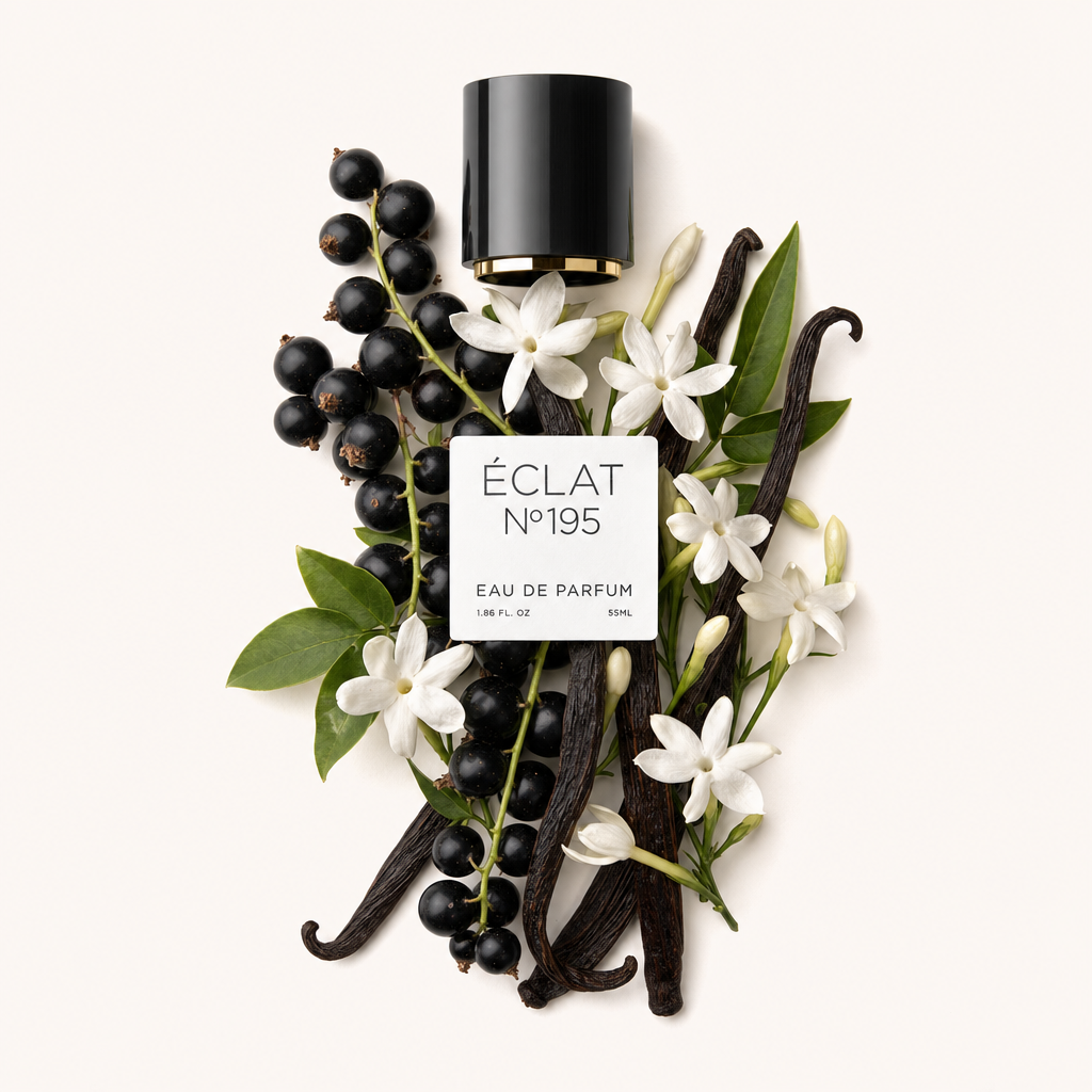 Ein Arrangement aus Schwarzer Johannisbeere, Vanilleschoten und weißen Blüten umgibt kunstvoll eine schwarze Verschlusskappe mit Etikett für ÉCLAT Vanilla & Tonka Bean.